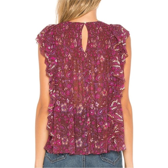 Ulla Johnson Addie Smocked Ruffle Silk Top Size 0 Floral Paisley Print - Picture 2 of 12